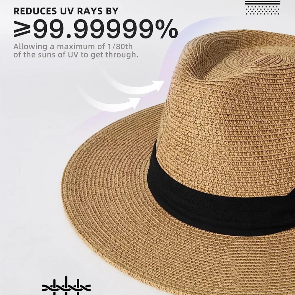 Womens Mens Wide Brim Straw Panama Hat Fedora - Picture 2 of 8
